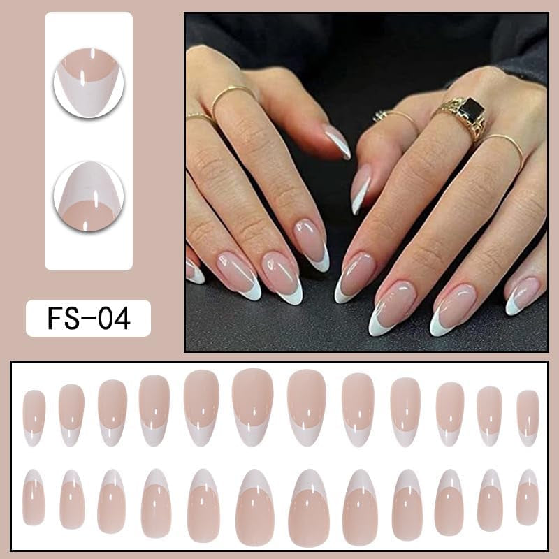 Press on Nails 24Pcs Acrylic Medium Almond French Full Cover False Nails Women Girls Daily Decoration Nail Extension Easy DIY White Tip