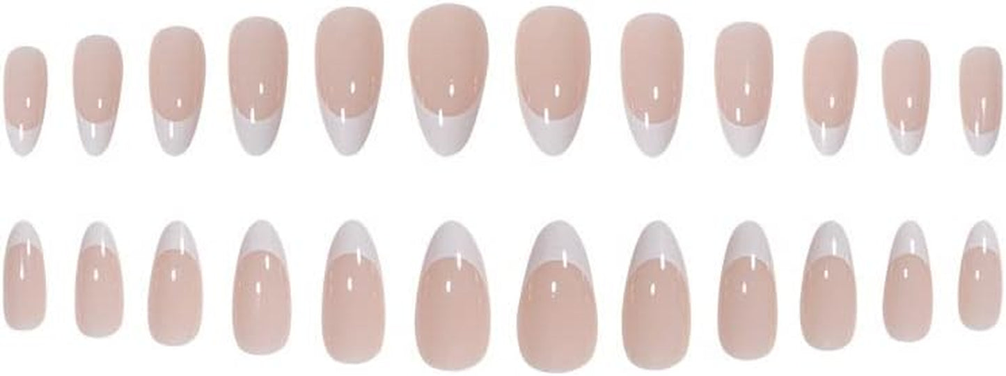 Press on Nails 24Pcs Acrylic Medium Almond French Full Cover False Nails Women Girls Daily Decoration Nail Extension Easy DIY White Tip