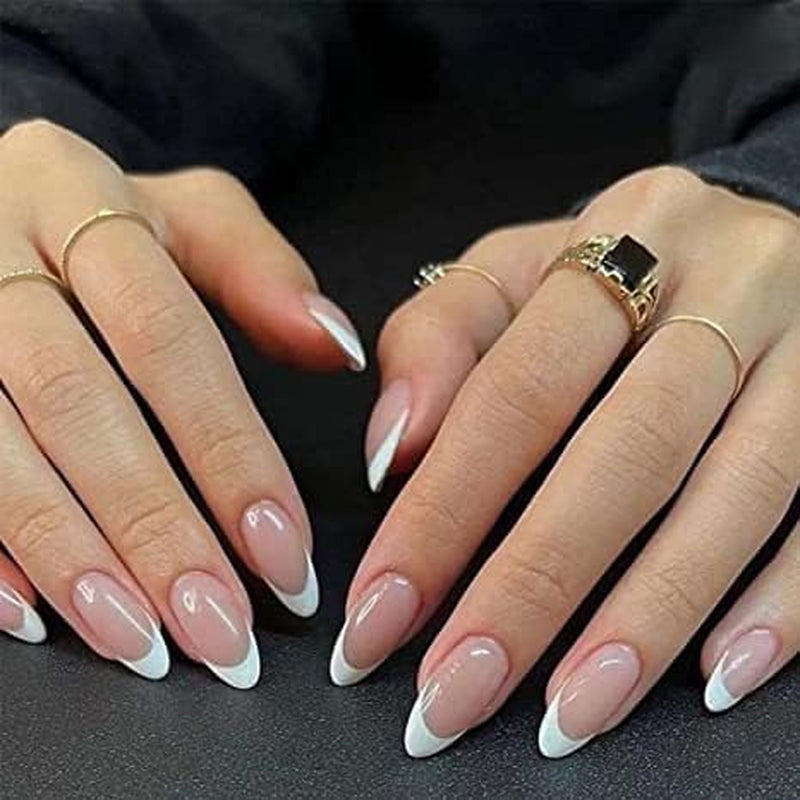 Press on Nails 24Pcs Acrylic Medium Almond French Full Cover False Nails Women Girls Daily Decoration Nail Extension Easy DIY White Tip